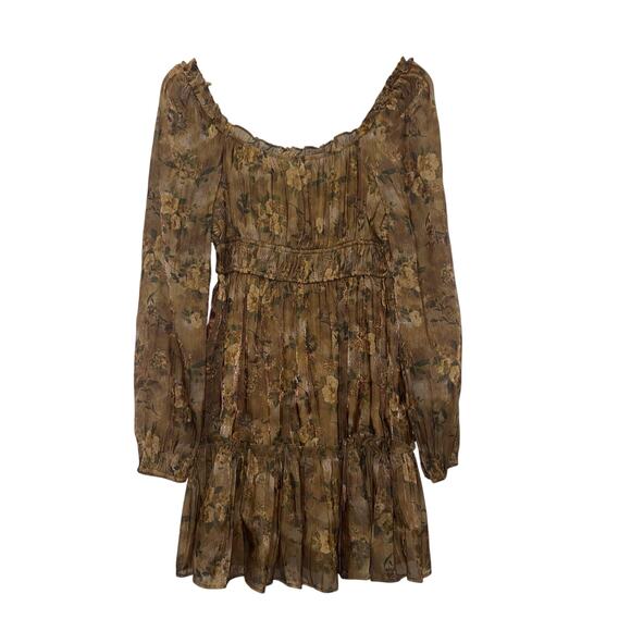 NWT Blu Pepper, Small Brown Floral Dress with Sheer Long Sleeves - Picture 3 of 8